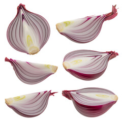Assortment of sliced red onions displaying intricate purple and white concentric layers