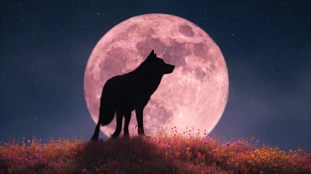 Silhouette of a wolf howling at a large pink moon in a starry night sky over a misty flower field.