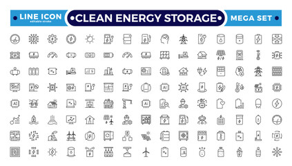 Clean Energy Storage outline icons collection illustrating renewable power, photovoltaic panels, clean electricity, sustainability, eco technology, green energy systems. Editable stroke outline icon. © artshuvo