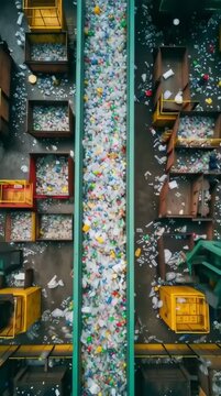 Top-down view of colorful plastic bottles on conveyor belt