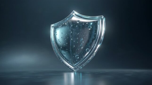 Transparent shield with water droplets on dark background
