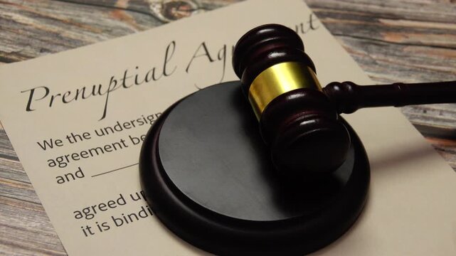 Prenuptial agreement legal marriage contract with judicial gavel symbolizing justice protection of assets financial security and legal rights before wedding commitment or potential divorce proceedings