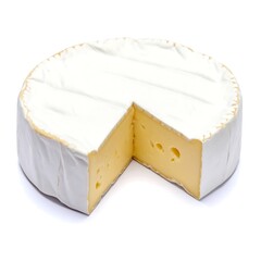Close-up of a wheel of soft, creamy cheese with a white rind and a golden interior, one slice removed