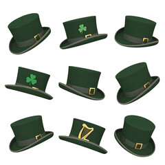 Collection of green leprechaun hats with shamrock and harp embellishments