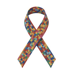 Colorful mosaic ribbon symbolizing autism awareness and acceptance with a black background