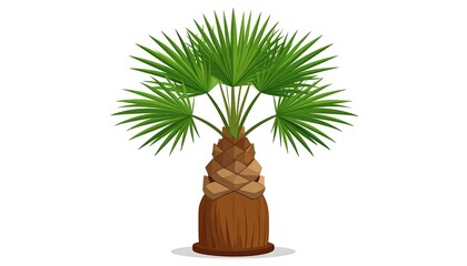 Digitally created illustration of a stylized palm tree with broad green fronds and a brown, textured trunk. It is set against a plain white background