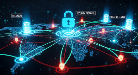 Digital Security and Data Protection Network with Lock and Cybersecurity Icons.