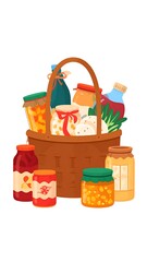 Illustration of a brown wicker basket overflowing with jars of various preserves, on a white background. Some jars sit around the basket