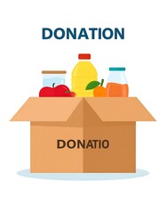 Illustration of a cardboard box overflowing with food items. Above, the word "DONATION". The box is open, showcasing apples, juice, and oil bottles