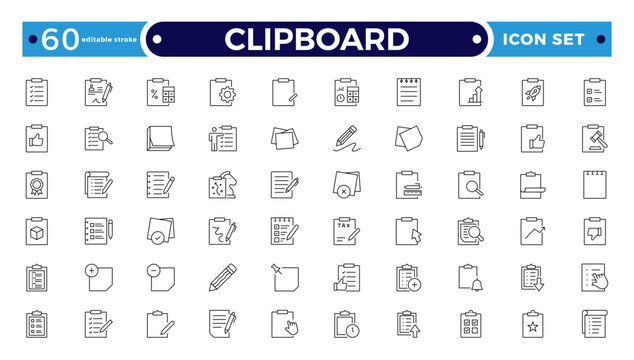 Clipboard outline Icons. Task line icon set. Project, job, voting, workflow, checklist, poll, multitasking, decision and more. Editable stroke outline icon.

