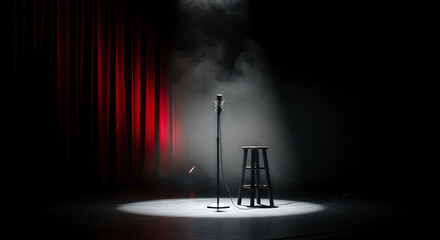 Empty Stage with Microphone Stand and Stool in Spotlight for Performance or Speech.