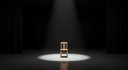 Empty wooden chair centered on a spotlighted stage with dark background.