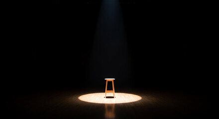 Empty wooden chair illuminated by spotlight on dark stage.