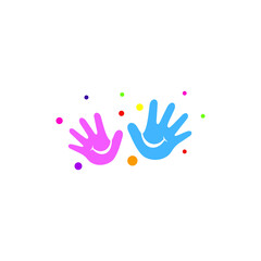 Obraz premium Child's palm logo with a cheerful smile decorated with colorful bubbles