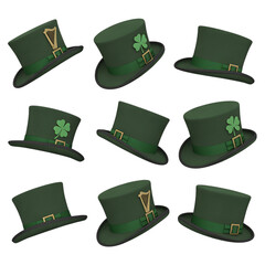 Nine green leprechaun hats with shamrock and harp decorations