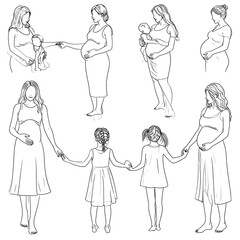 Line drawings of women, in various stages of pregnancy, interacting with children or cradling babies