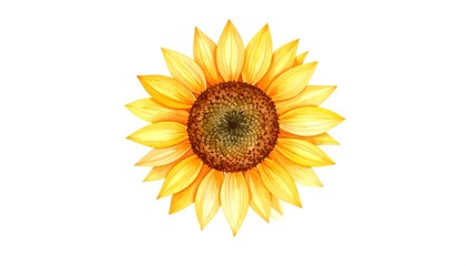 Fototapeta premium A vibrant, watercolor-style illustration showcases a full sunflower against a plain white backdrop. The petals radiate outwards