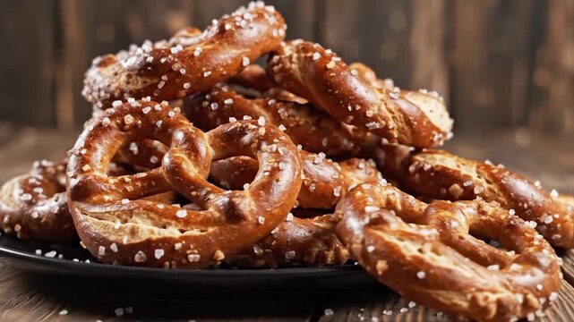 Delicious freshly baked pretzels with coarse salt piled on a dark plate