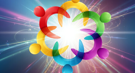 Colorful Human Figures Connecting in a Circular Formation with Dynamic Light Effects.