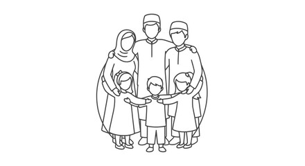 A family of six people standing together in a line drawing