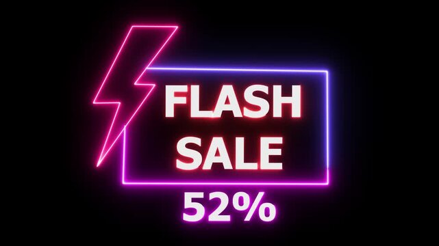 Neon flash sale banner with 52 percent discount glowing pink and purple on black background for ecommerce marketing