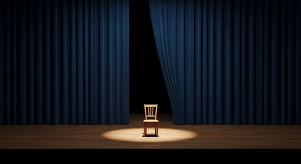 Empty Stage with Spotlight and Closed Curtains in Theater Setting.