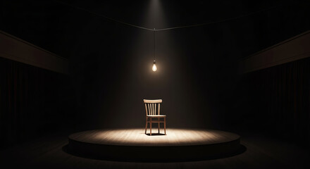 Empty wooden chair illuminated by spotlight on dark stage for theatrical performance or presentation.