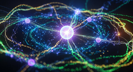 Vibrant Abstract Illustration of Atomic and Molecular Structures with Dynamic Energy Flows.