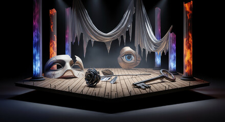 Empty Theater Stage with Curtains and Spotlights Ready for Performance.