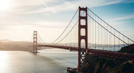 Obraz premium The Golden Gate Bridge standing tall over the San Francisco Bay at sunrise from a distant viewpoint