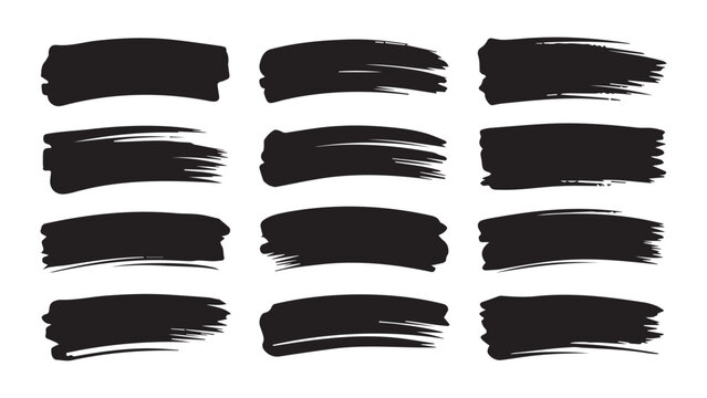 Black marker brush stroke set. Curved ink underline banner and grunge paint highlighter lines. Vector texture backgrounds.

