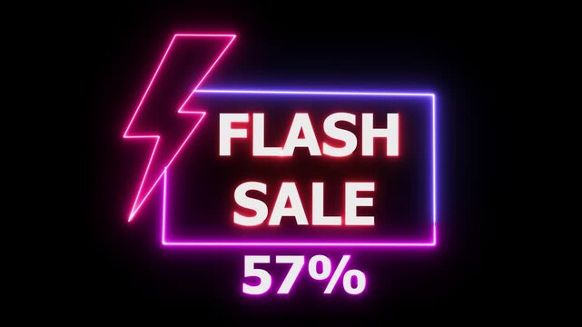 Neon flash sale banner with 57 percent discount glowing pink and purple on black background for ecommerce marketing