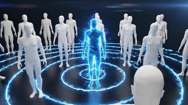 Digital human figure glowing blue in a crowd of abstracts