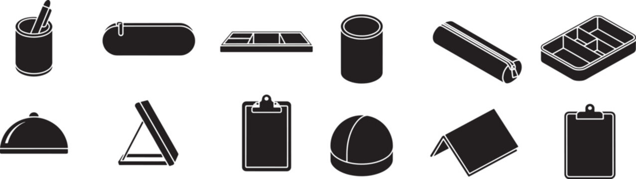 Office supplies and stationery items in black silhouette for organization and work