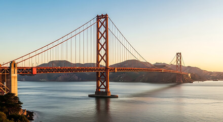 Obraz premium Golden Gate Bridge spanning the San Francisco Bay at sunset with calm waters and mountains in the background