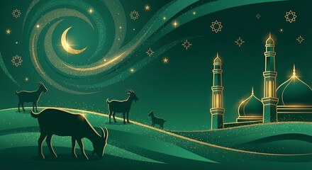 Green Night Landscape with Sheep and Crescent