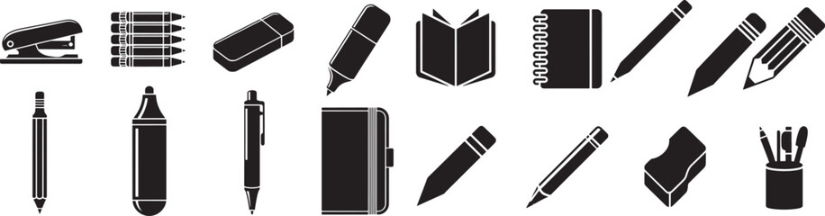 Various writing tools and office supplies icons set flat design on checkered