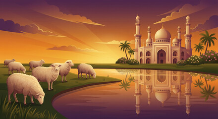 Sunset Mosque Landscape with Sheep for Eid al Adha