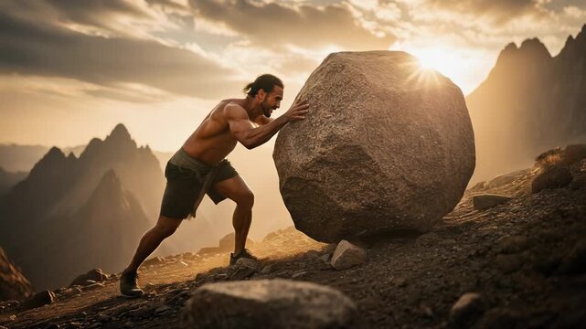Strong man pushing giant rock uphill during dramatic mountain sunset workout