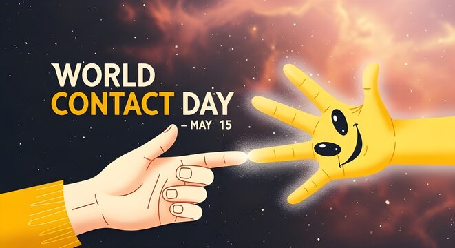 World contact day greeting depicting a human finger touching a friendly alien hand against a dark cosmic outer space background.