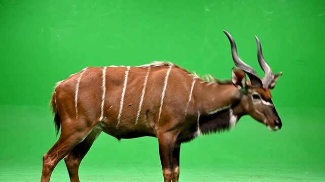 A majestic bongo antelope with striking white stripes and spiraled horns stands against a vibrant green screen backdrop in a studio setting.