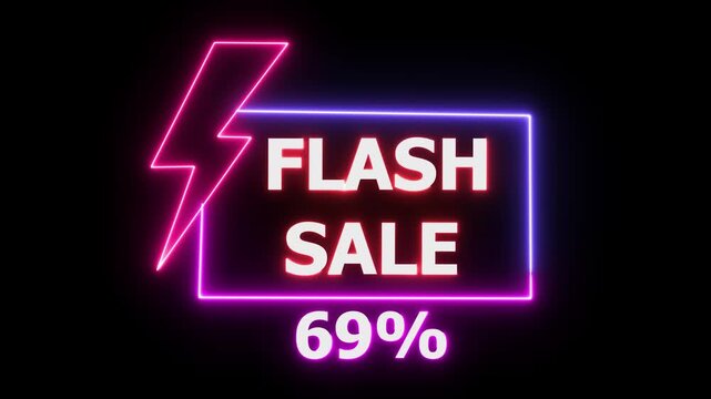 Neon flash sale sign with lightning bolt and 69 percent discount glowing in bright pink and purple on black background