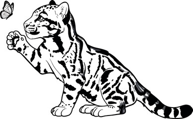 Fototapeta premium Cute Baby Tiger Cub Playing with Butterfly in Black and White Illustration