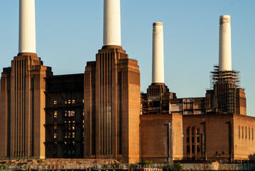 Battersea power station iconic architecture in london at sunset