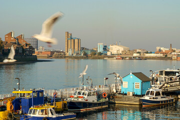 Boats moored along river thames at greenwich