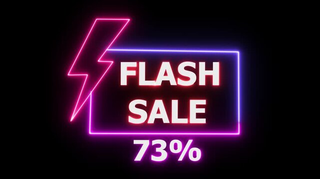 Neon flash sale sign with lightning bolt and 73 percent discount glowing on dark background for ecommerce promotion
