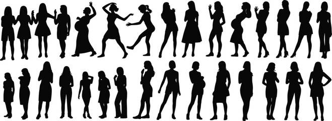 Women silhouettes collection set, female standing and walking poses variety, fashion and lifestyle concept vector illustration isolated on white background