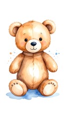 Obraz premium Adorable watercolor illustration featuring a cuddly teddy bear with rosy cheeks, sitting happily. Soft hues and gentle brushstrokes create a charming, comforting image