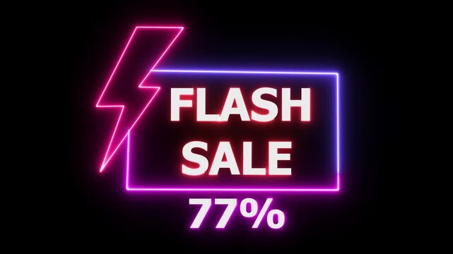 Neon flash sale banner with lightning bolt and 77 percent discount glowing purple on black background for ecommerce marketing