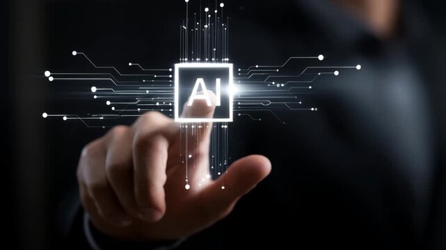 Anonymous man wearing a business suit pressing a glowing white AI button with wires and technology data lines, dark studio background